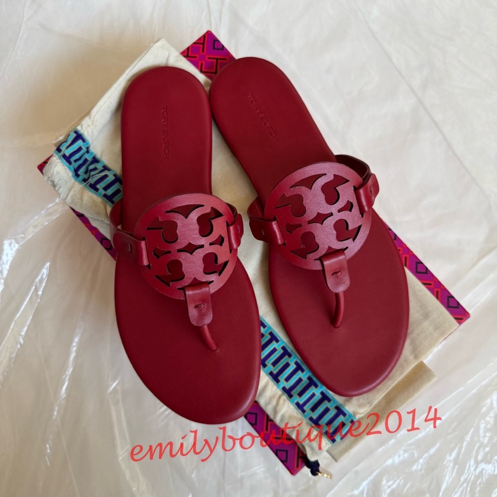 NIB Tory Burch Miller Size 7.5 Tory Red Calf Leather Sandals 90582 - Picture 6 of 10